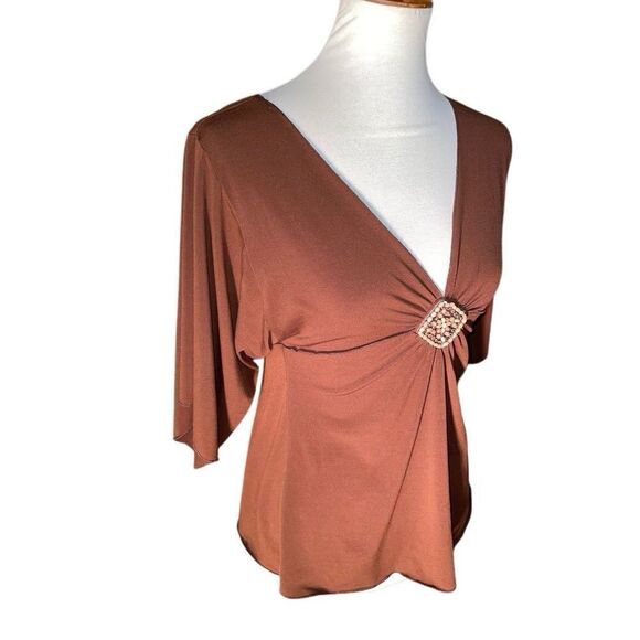 Design Works V-neck Brown Boho Blouse Size Medium - Picture 2 of 12